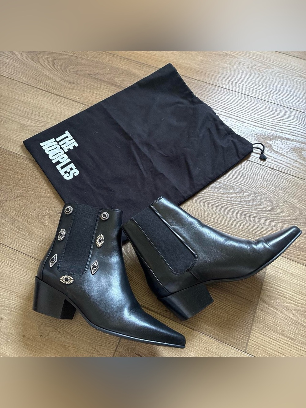 The Kooples black leather ankle boots with silver metal detailing